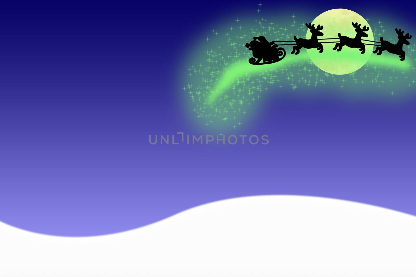 merry Christmas card Santa claus flying in the air on a sledge with deers isolated on a blue background with snow by charlottebleijenberg