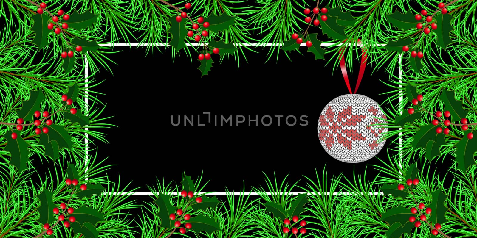 New Year, Christmas, Winter Holidays. Banner, invitation, flyer. Frame made of fir and holly branches. Knitted ball with a pattern. Black background. Horizontal layout. by Julia_Faranchuk