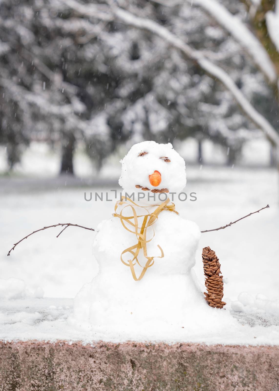 Little snowman in the park, typical of the winter season, background snowing and trees.Vertical photo.