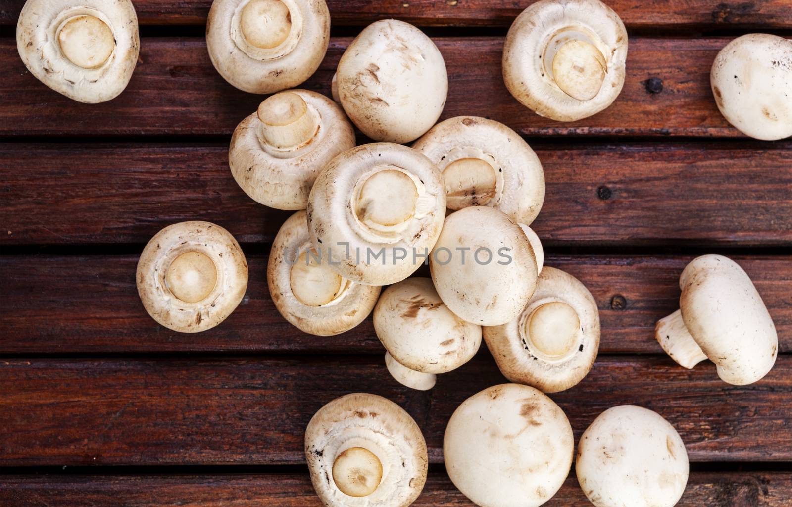 Fresh champignon mushrooms on wooden table, top view. Copy space by xamtiw