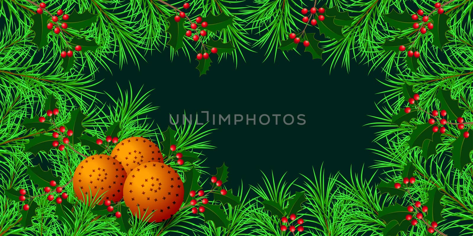 New Year, Christmas, Winter Holidays. Banner, invitation, flyer. Frame made of fir and holly branches. Pomanders - orange and cloves. Dark green background. Horizontal layout. by Julia_Faranchuk