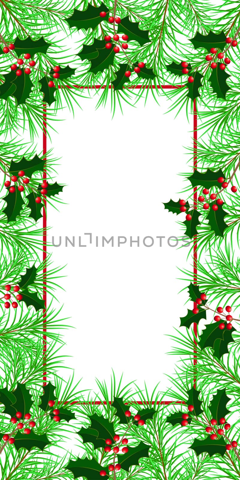 New Year, Christmas, Winter Holidays. Banner, invitation, flyer. Frame made of fir and holly branches. White background. Vertical layout. by Julia_Faranchuk