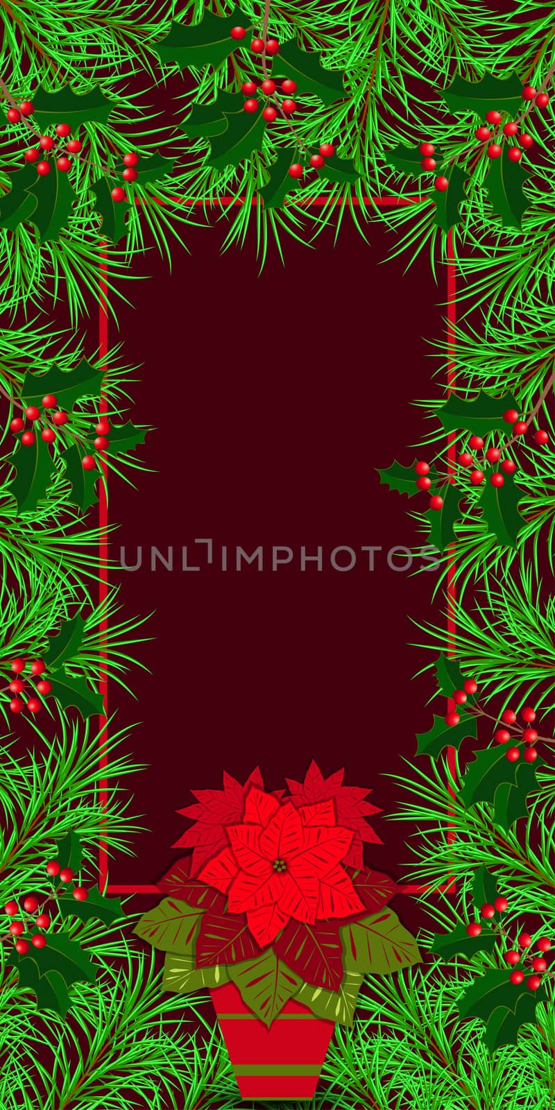 New Year, Christmas, Christmas Eve, Winter Holidays. Banner, invitation, flyer. Frame made of fir and holly branches. Pot with a plant Poinsettia. Burgundy background. Vertical layout. by Julia_Faranchuk