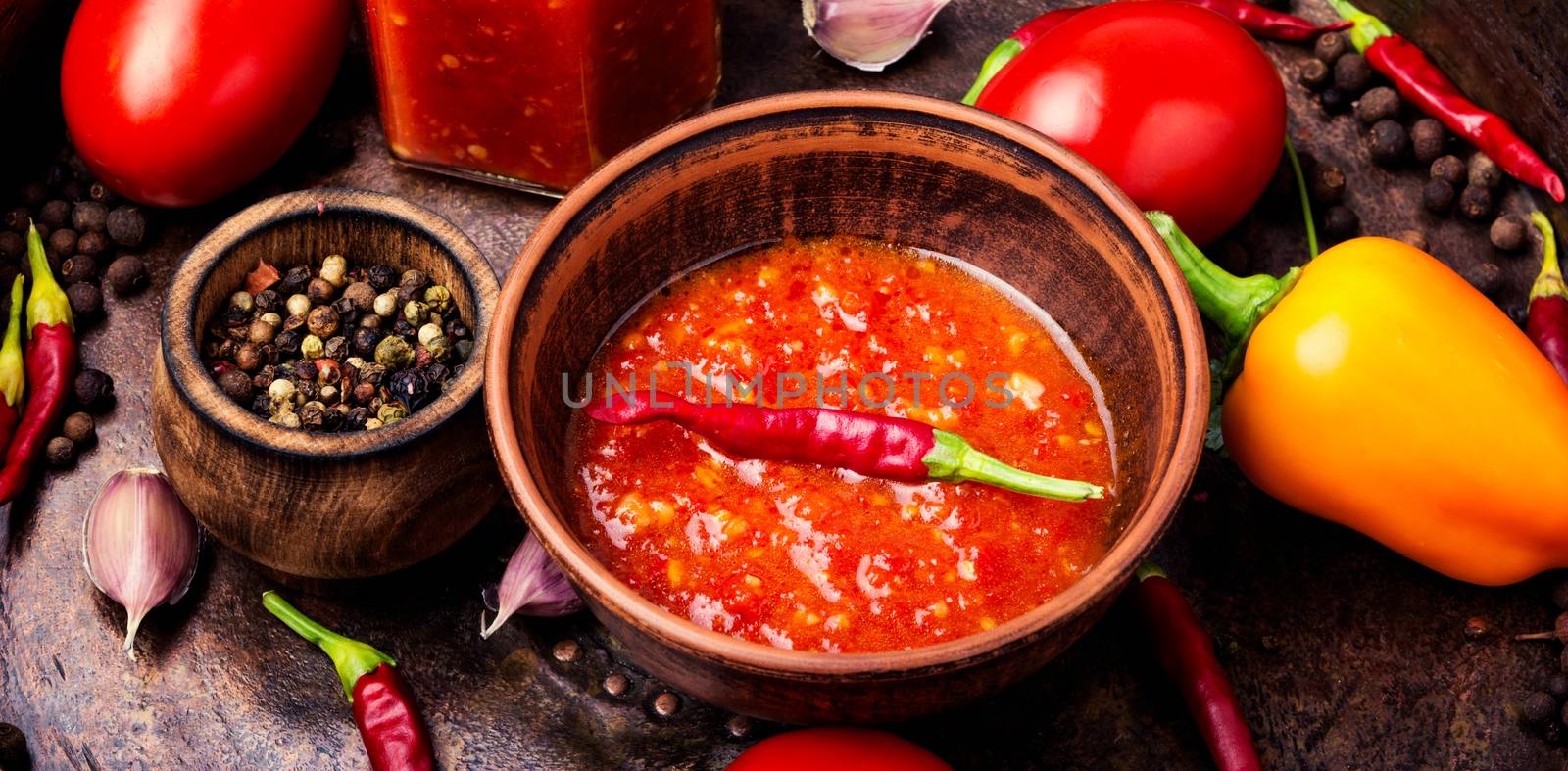 Homemade sauce adjika with pepper, garlic and tomatoes.Barbeque sauce