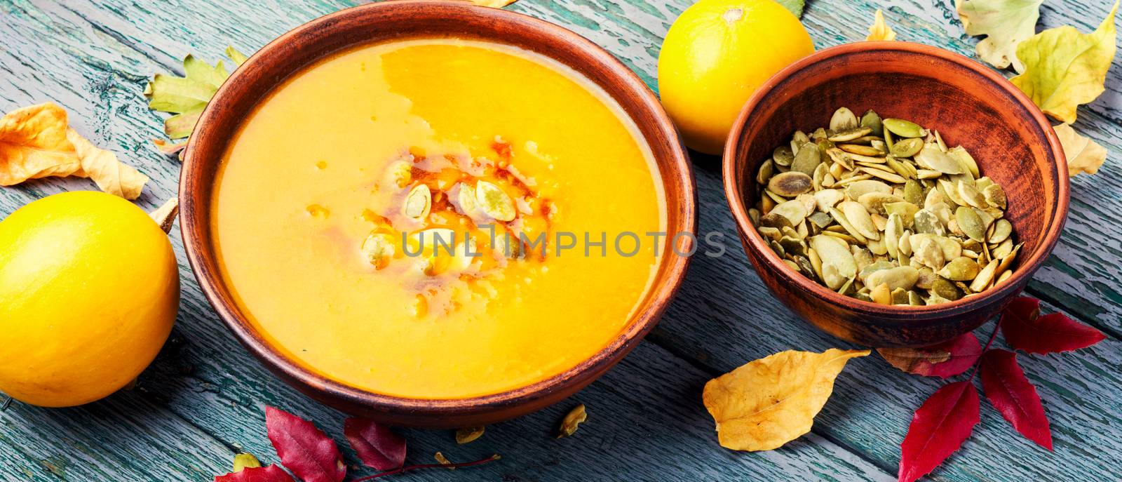 Dietary vegetarian pupmkin cream soup.Autumnal pumpkin soup