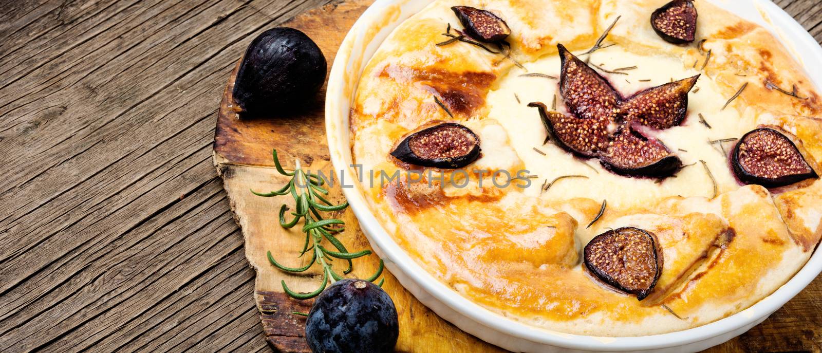 Autumn cake, Italian focaccia with cottage cheese, figs and rosemary