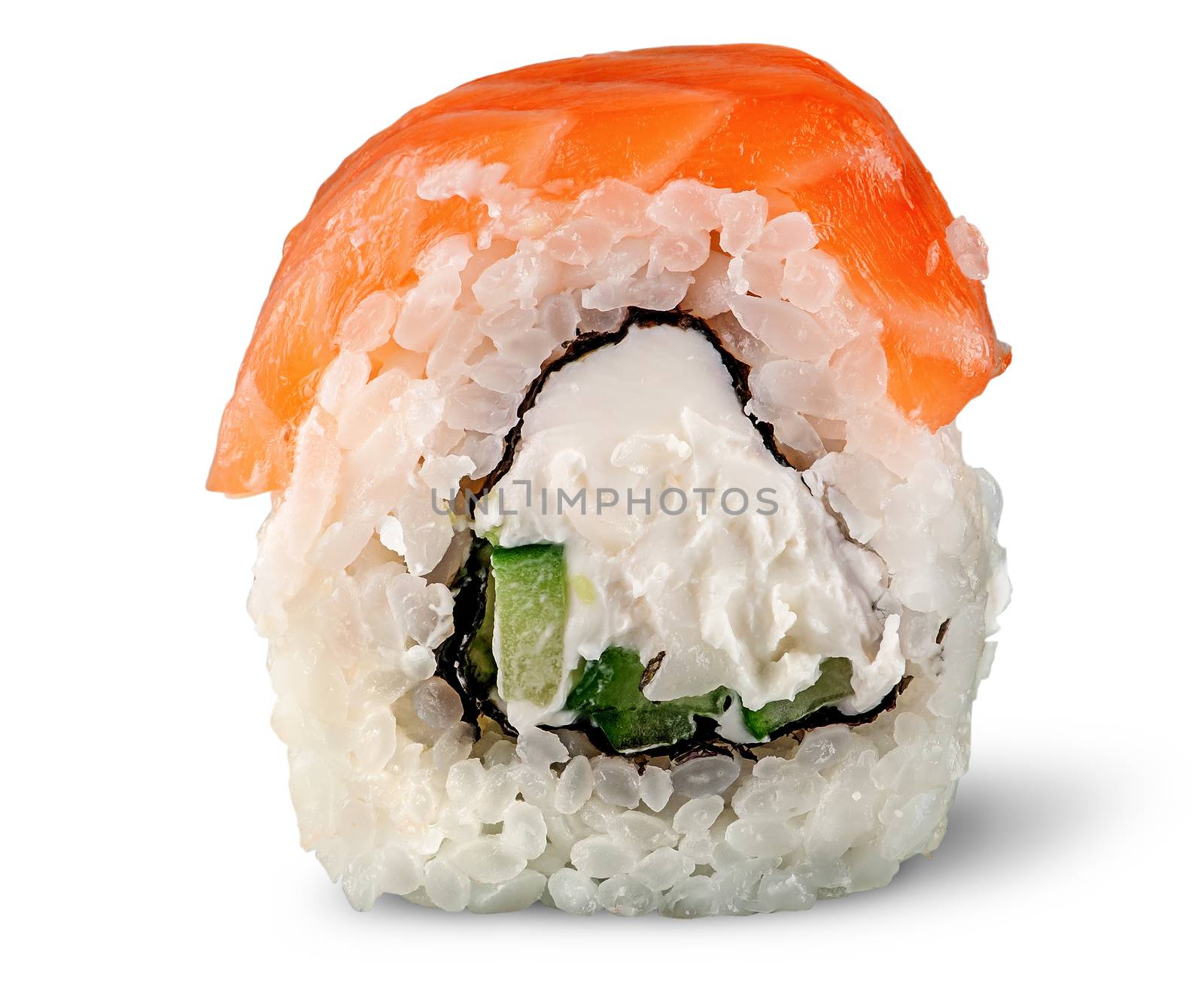 Single piece of sushi roll of Philadelphia isolated on white background