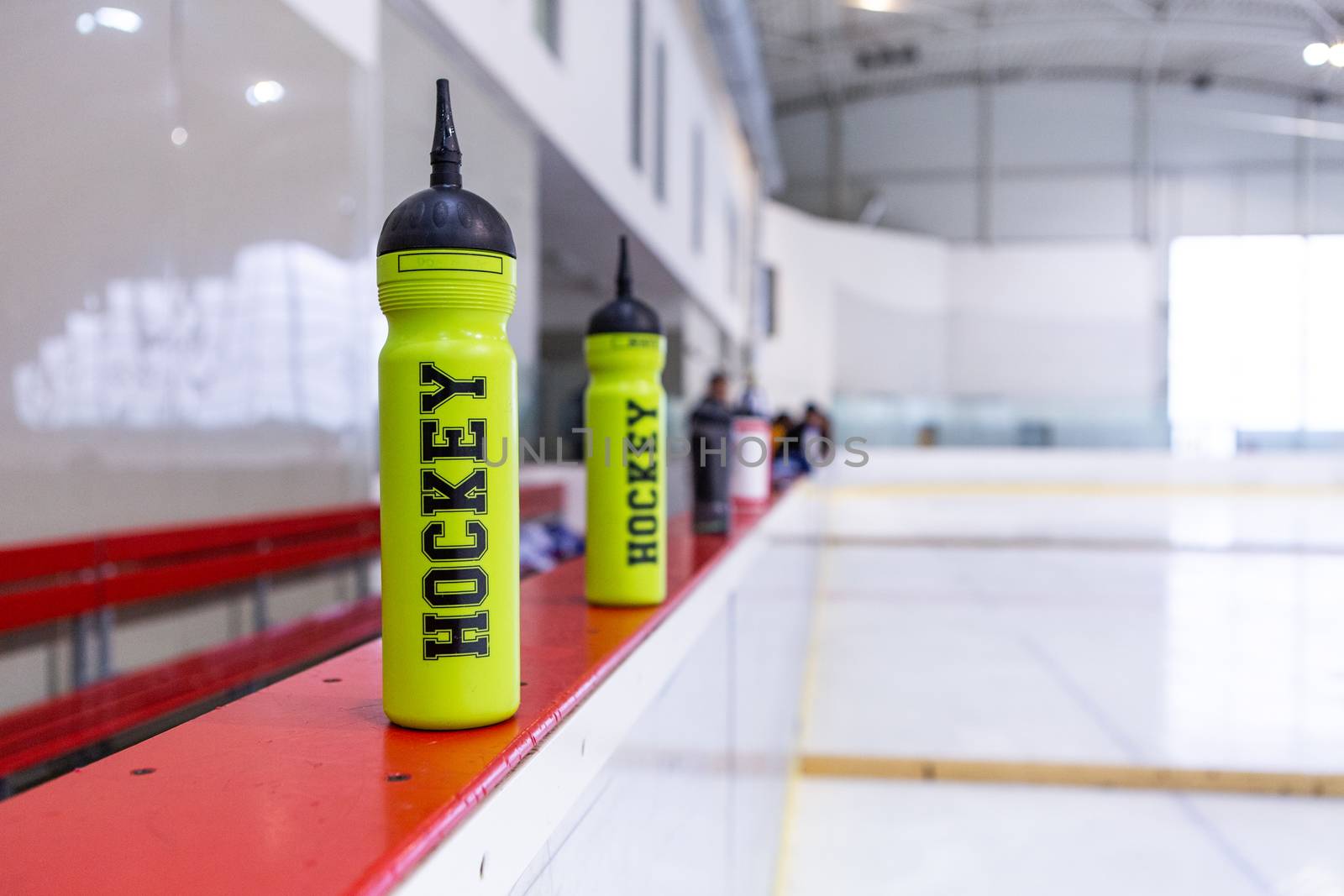 training ice hockey rink, bottle on board