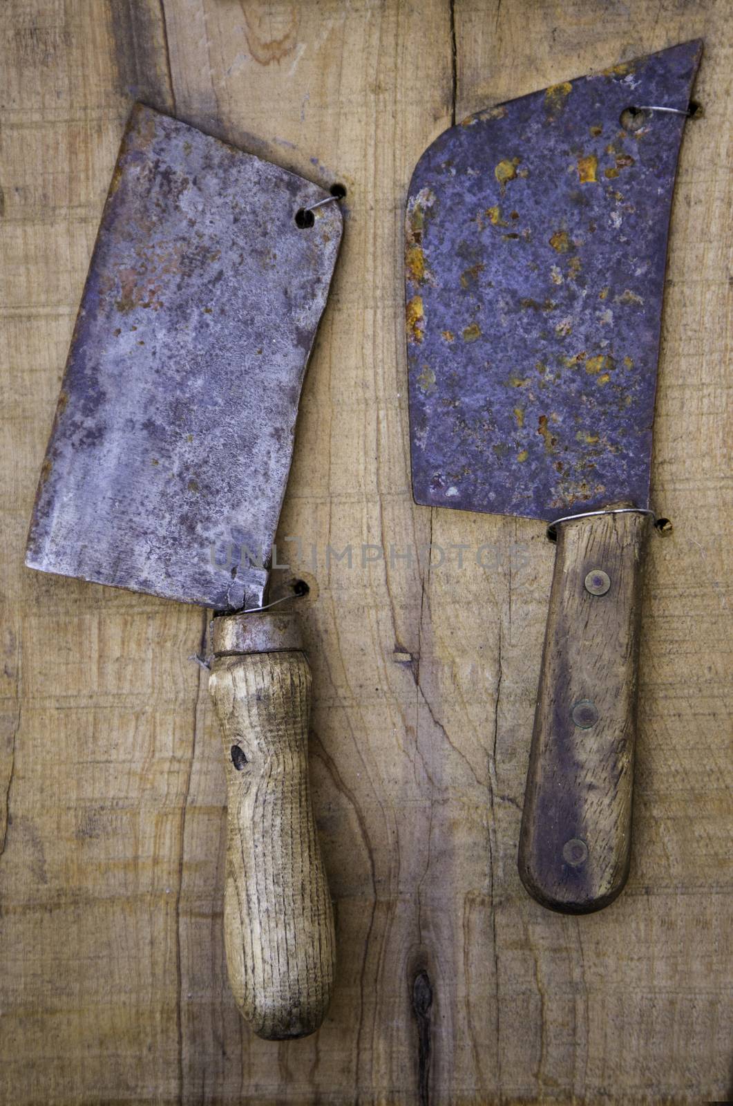 Antique kitchen knives, detail of objects to cut