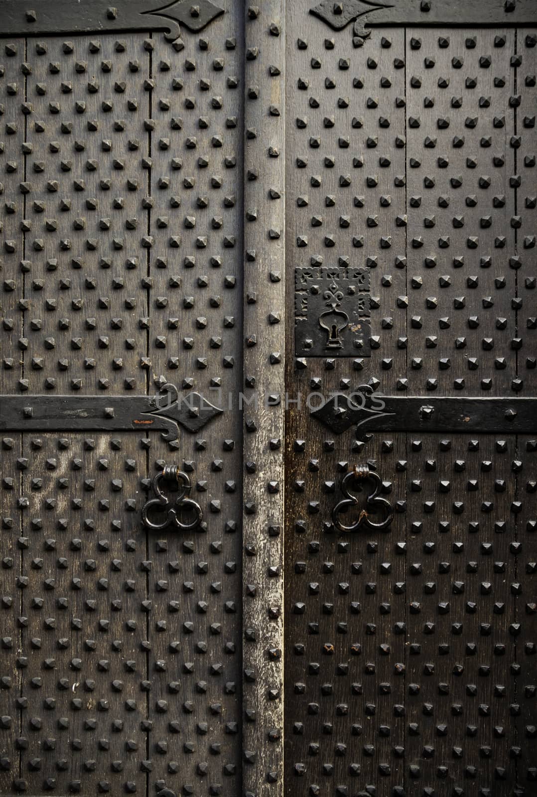 Old wooden door with metal, medieval door detail, decoration and security