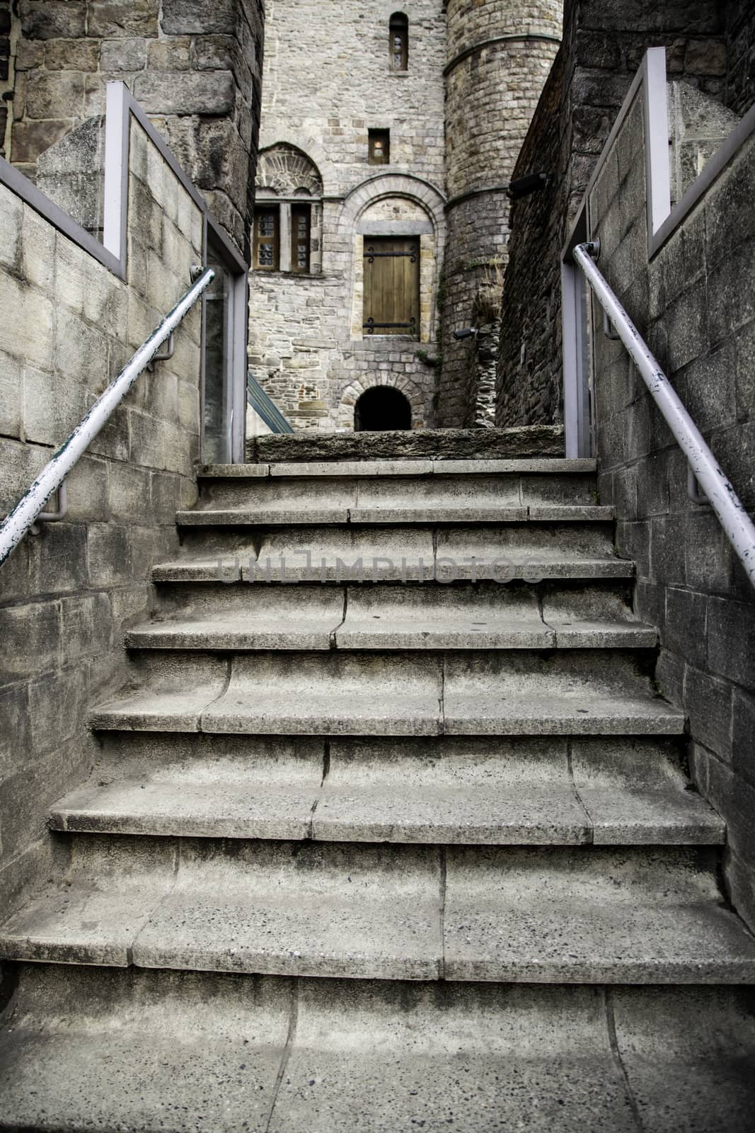 Old stone staircase, detail of medieval steps, history