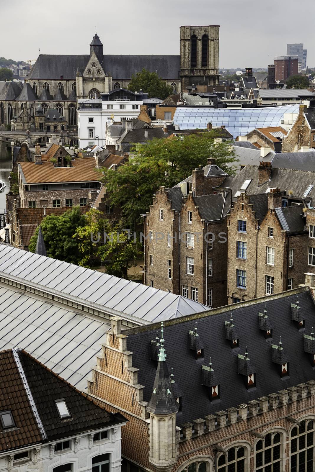 Panoramic view of the city of Ghent, detail of city of Belgium, Europe