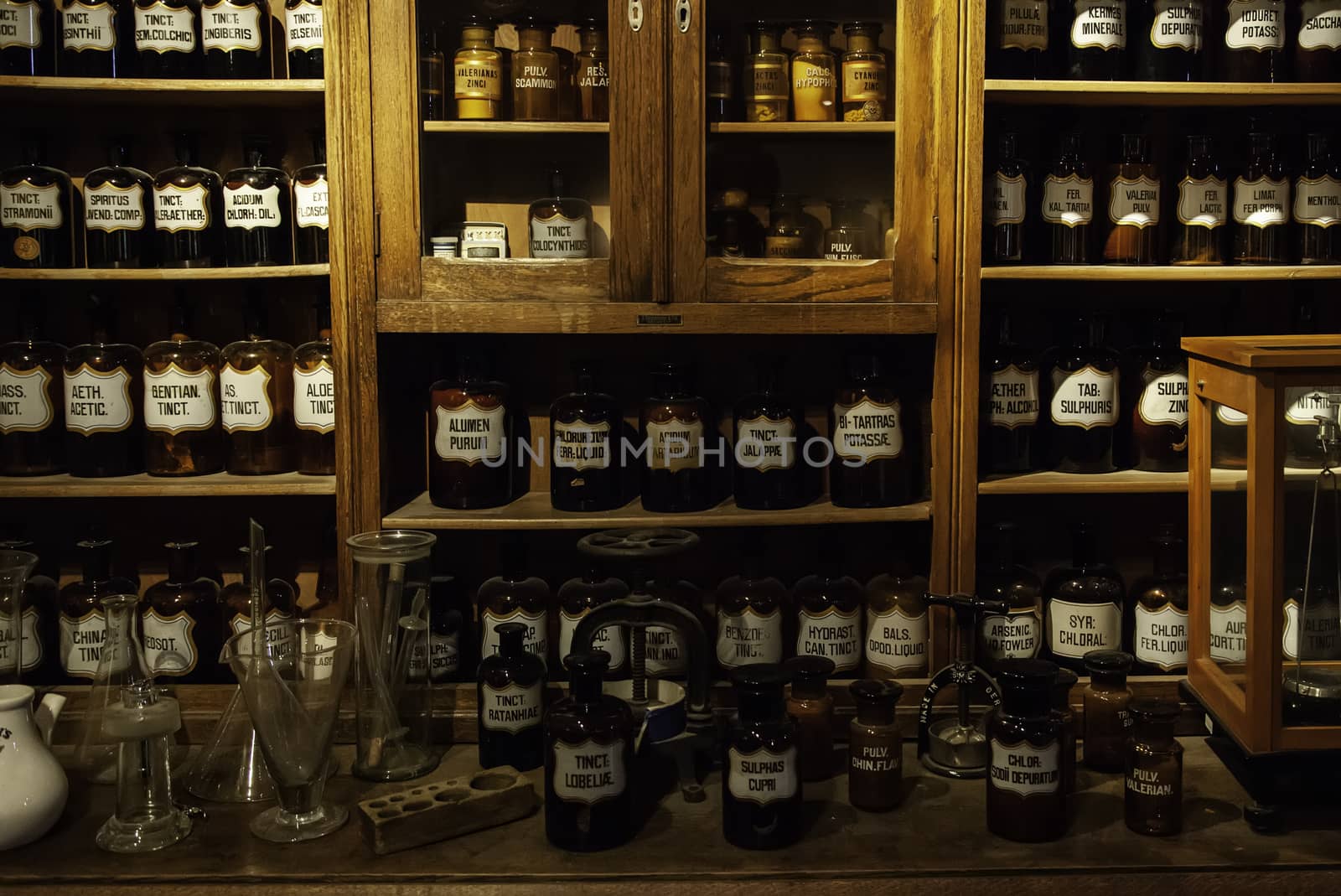 Old pharmacy with medicines, detail of old medicines