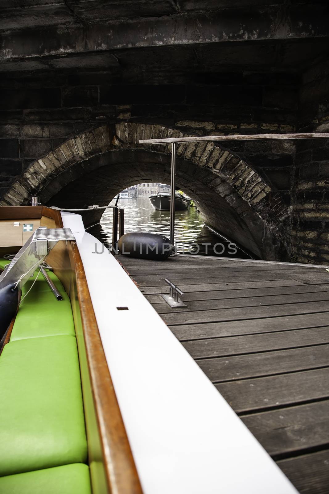 Boat in the city of Ghent, detail sightseeing boat, city tour through the canals