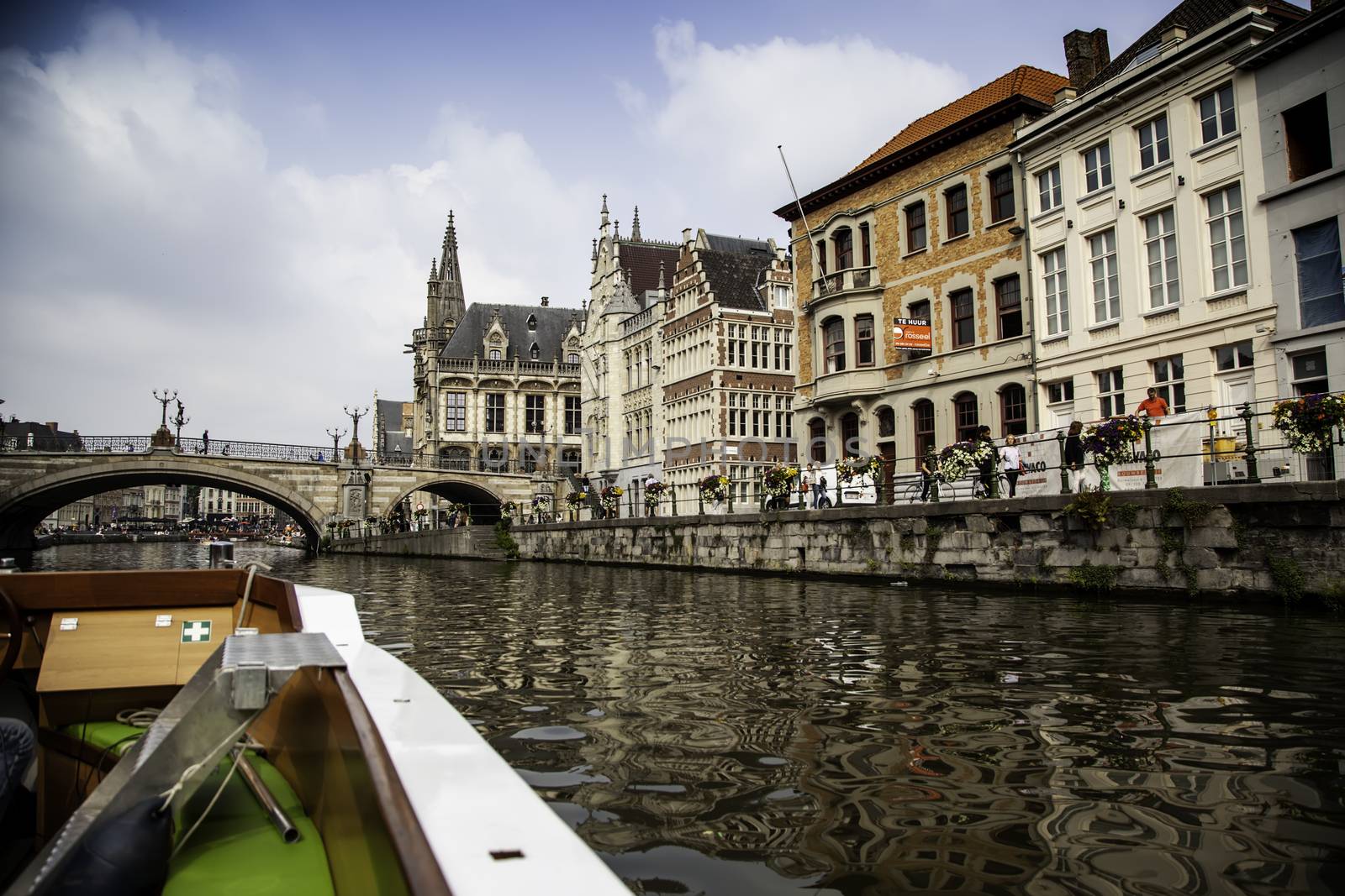 Boat in the city of Ghent, detail sightseeing boat, city tour through the canals