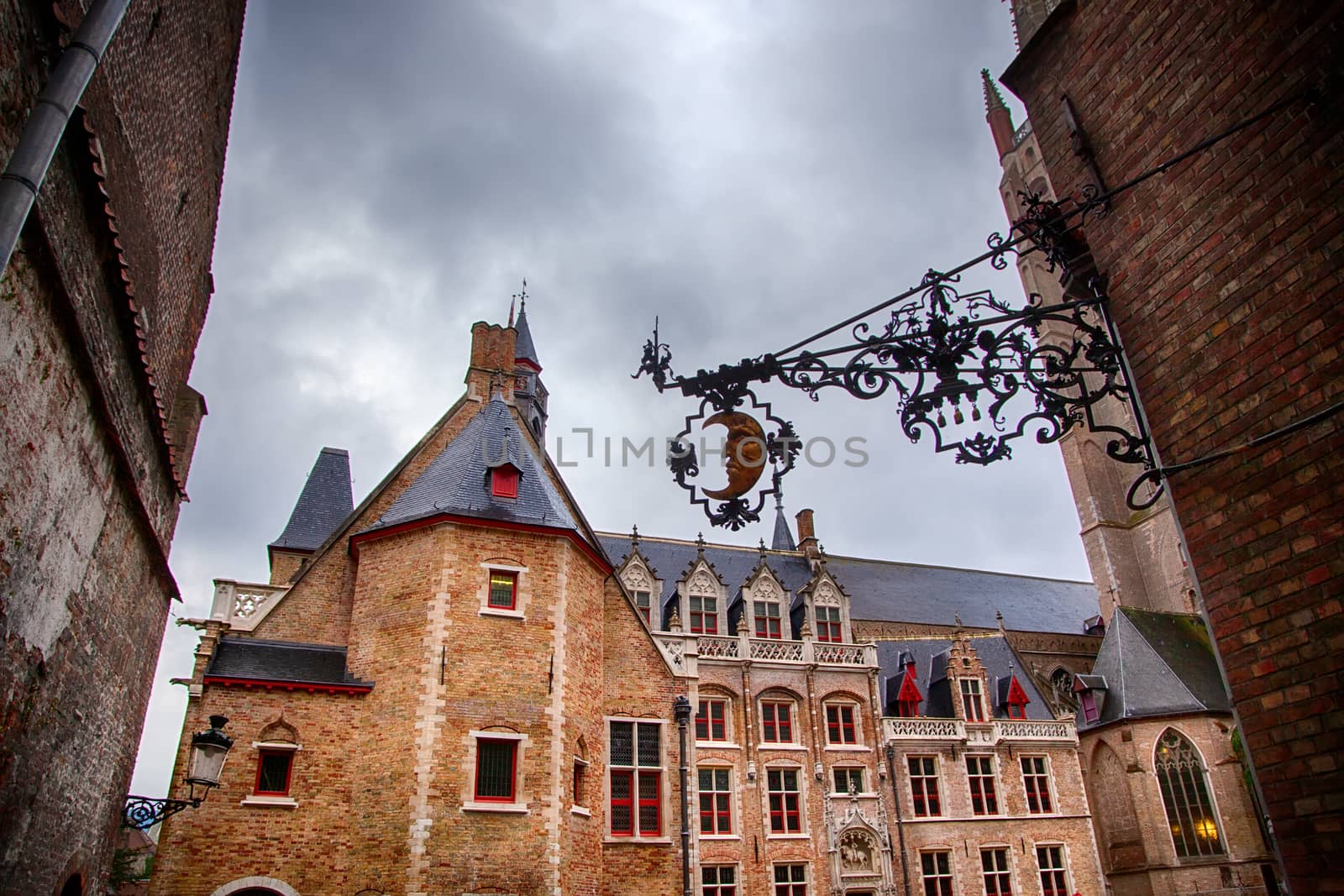 House typical of bruges, detail of medieval houses, tourism in Belgium, Europe