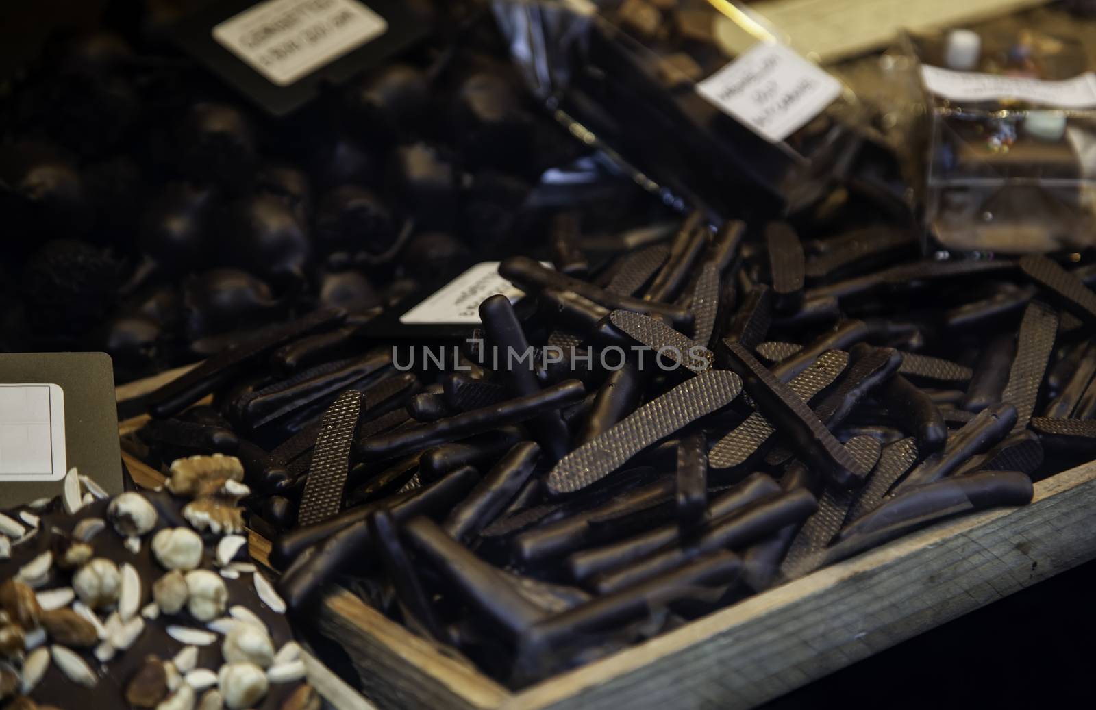 Typical Belgian artisan chocolate, typical product detail, Belgian food in Europe