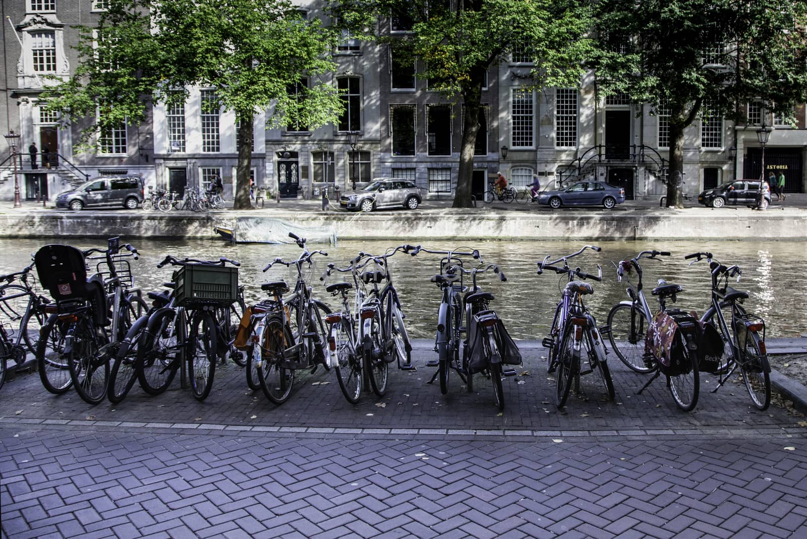 Bicycles parked in Amsterdam, transportation detail for people, tourism in Europe