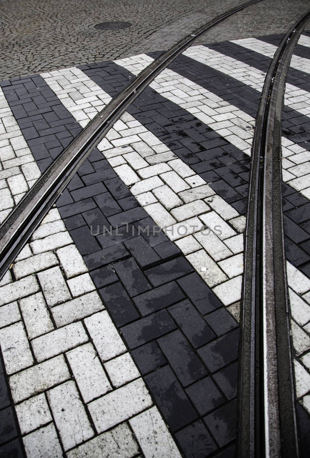 Tram rails in the city, transportation detail