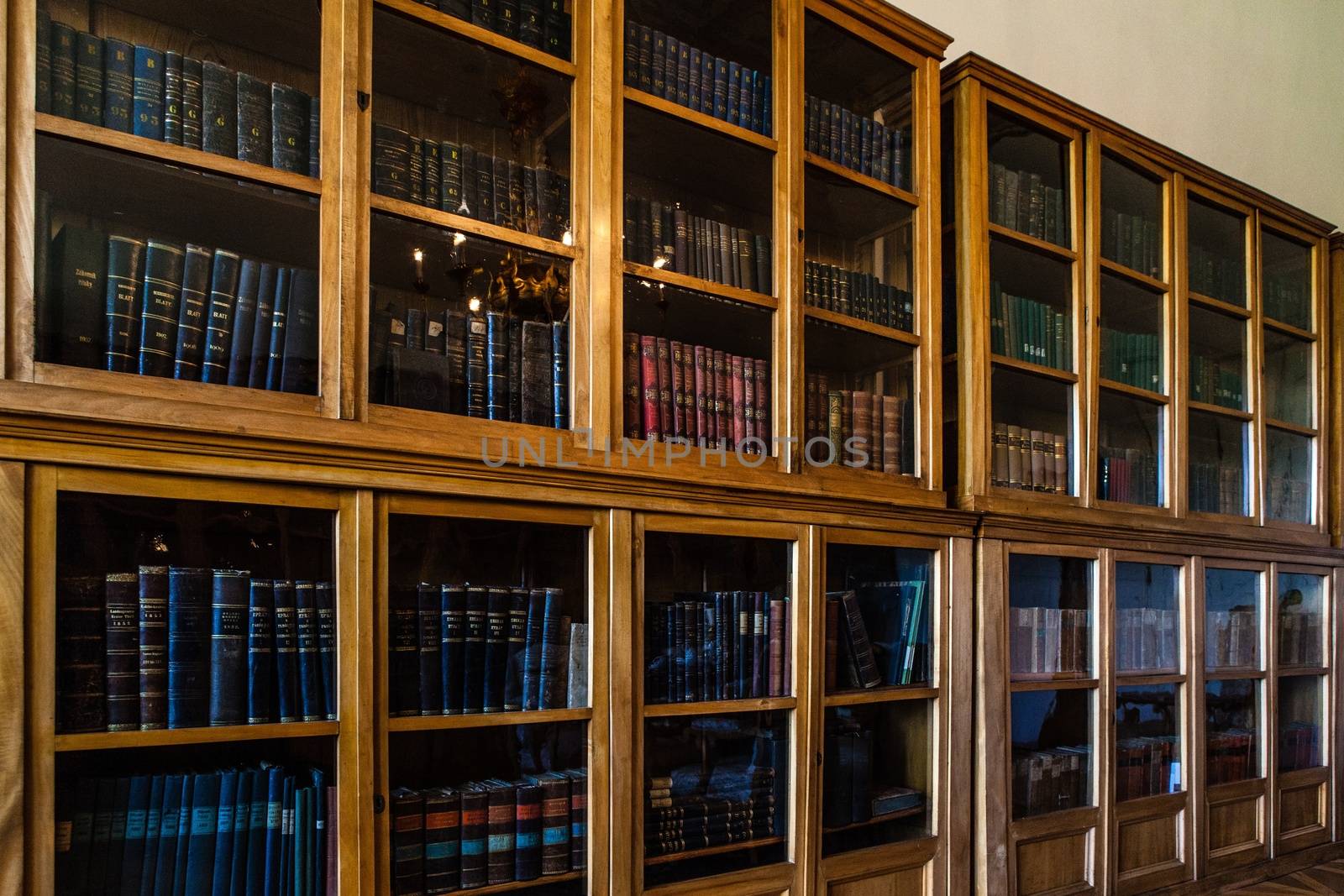 Old books in wooden row library by fotoduki