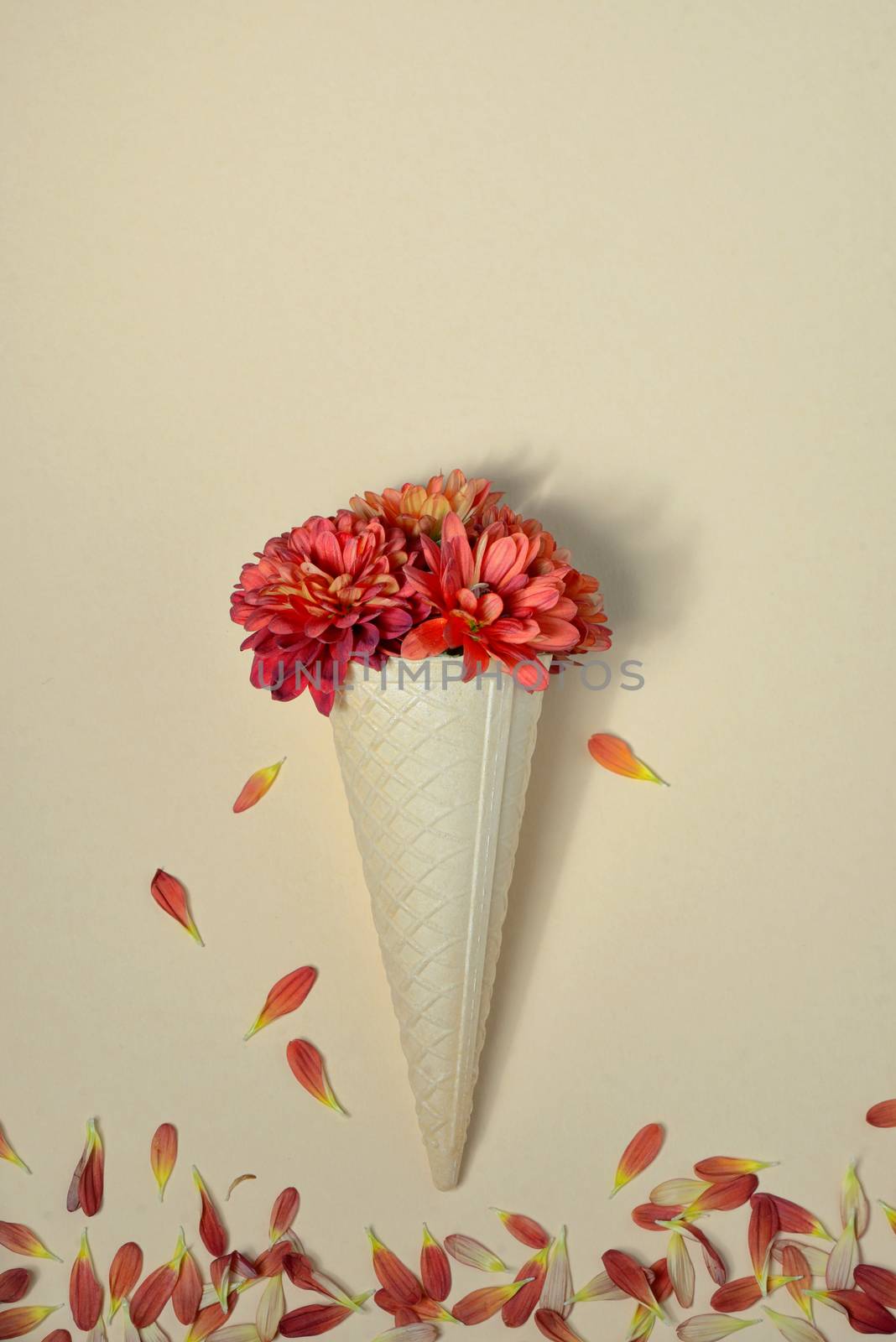 Autumn flowers in ice cream cone on paper background
