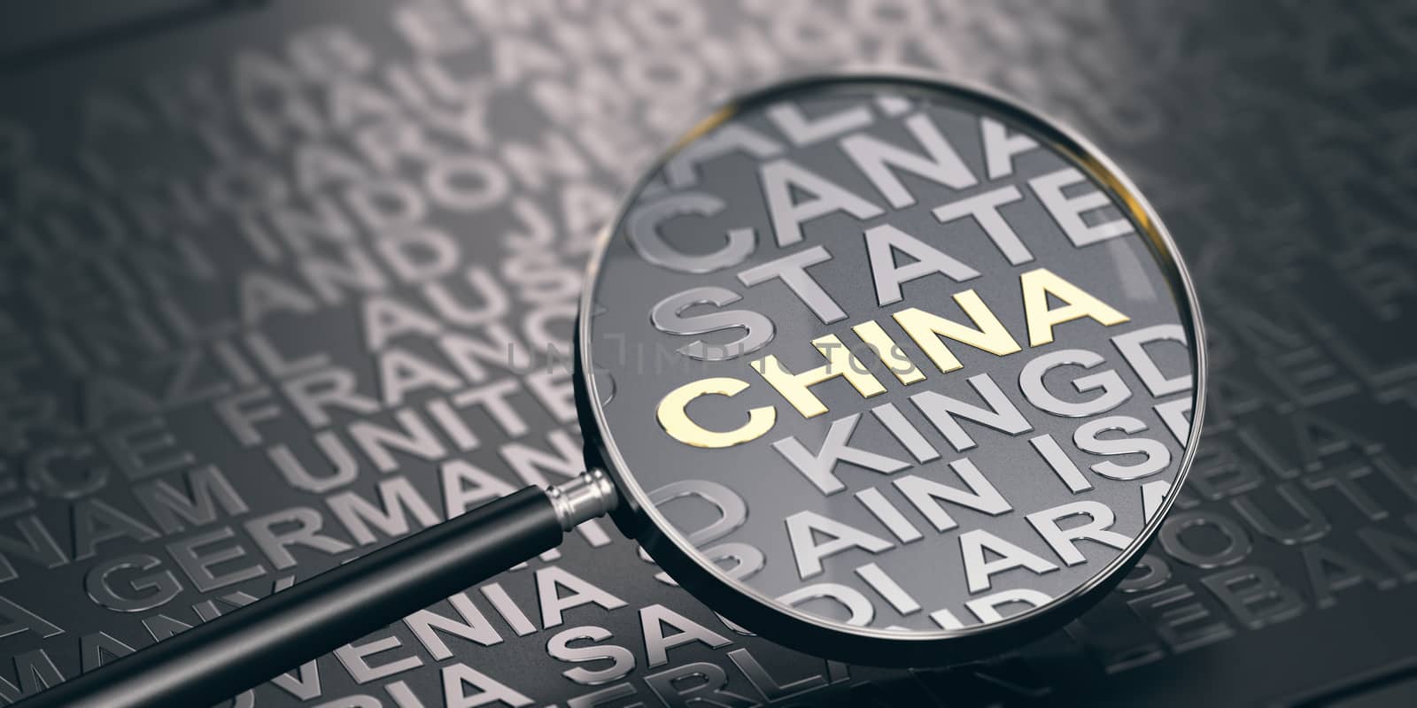 3D illustration of a magnifying glass over black background and focus on China. Emerging Markets concept.