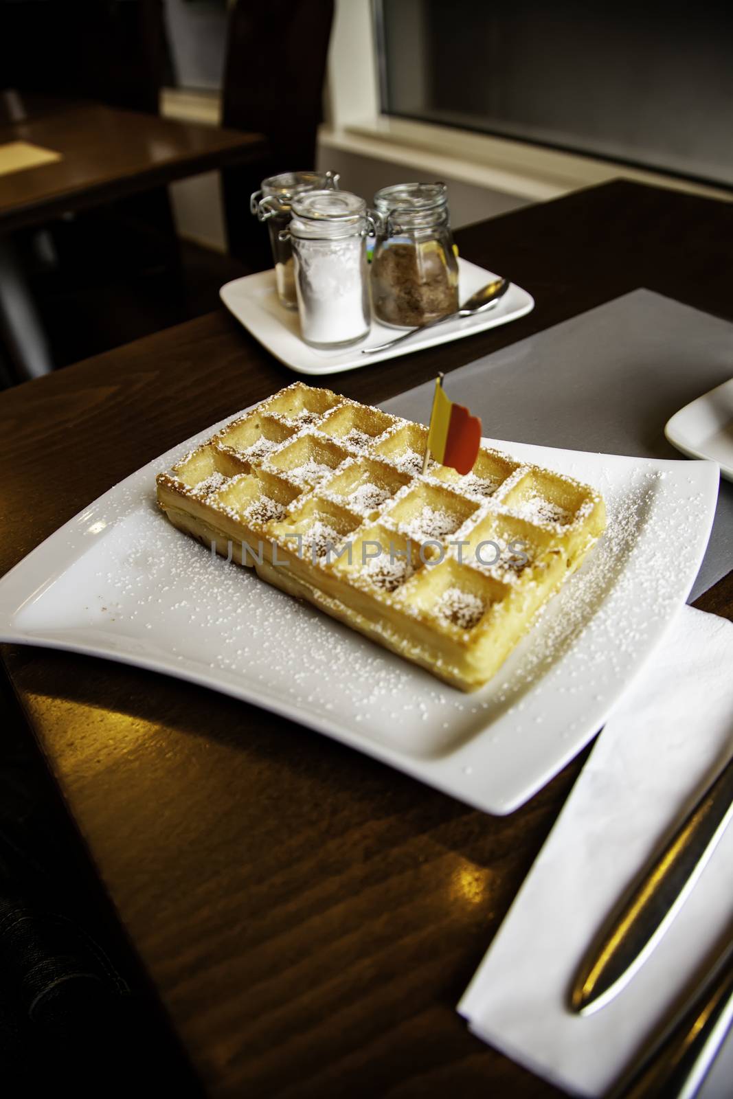 Typical sweet waffle from Belgium, typical dessert detail, tourism
