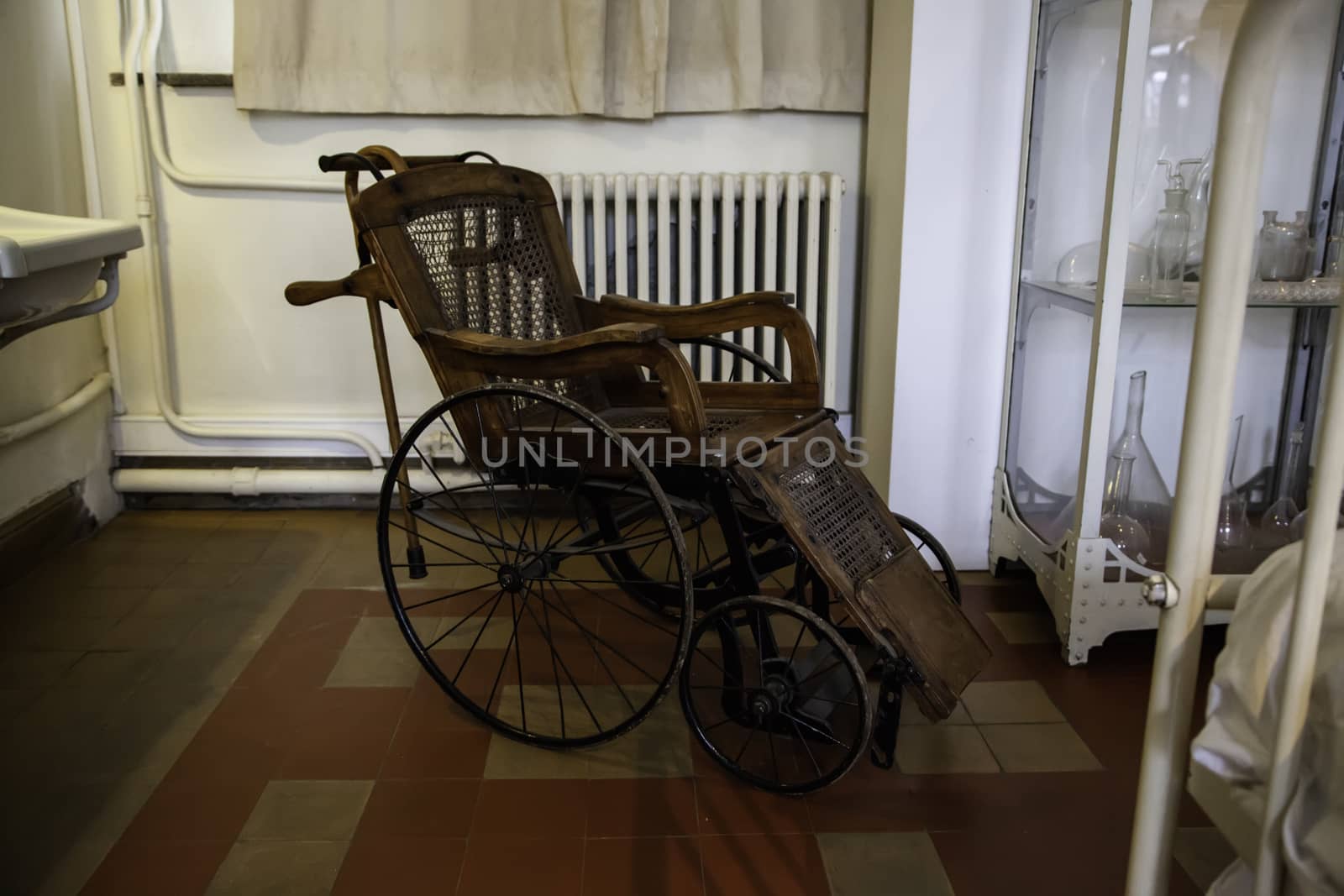 Old hospital wheelchair, chair detail for the disabled