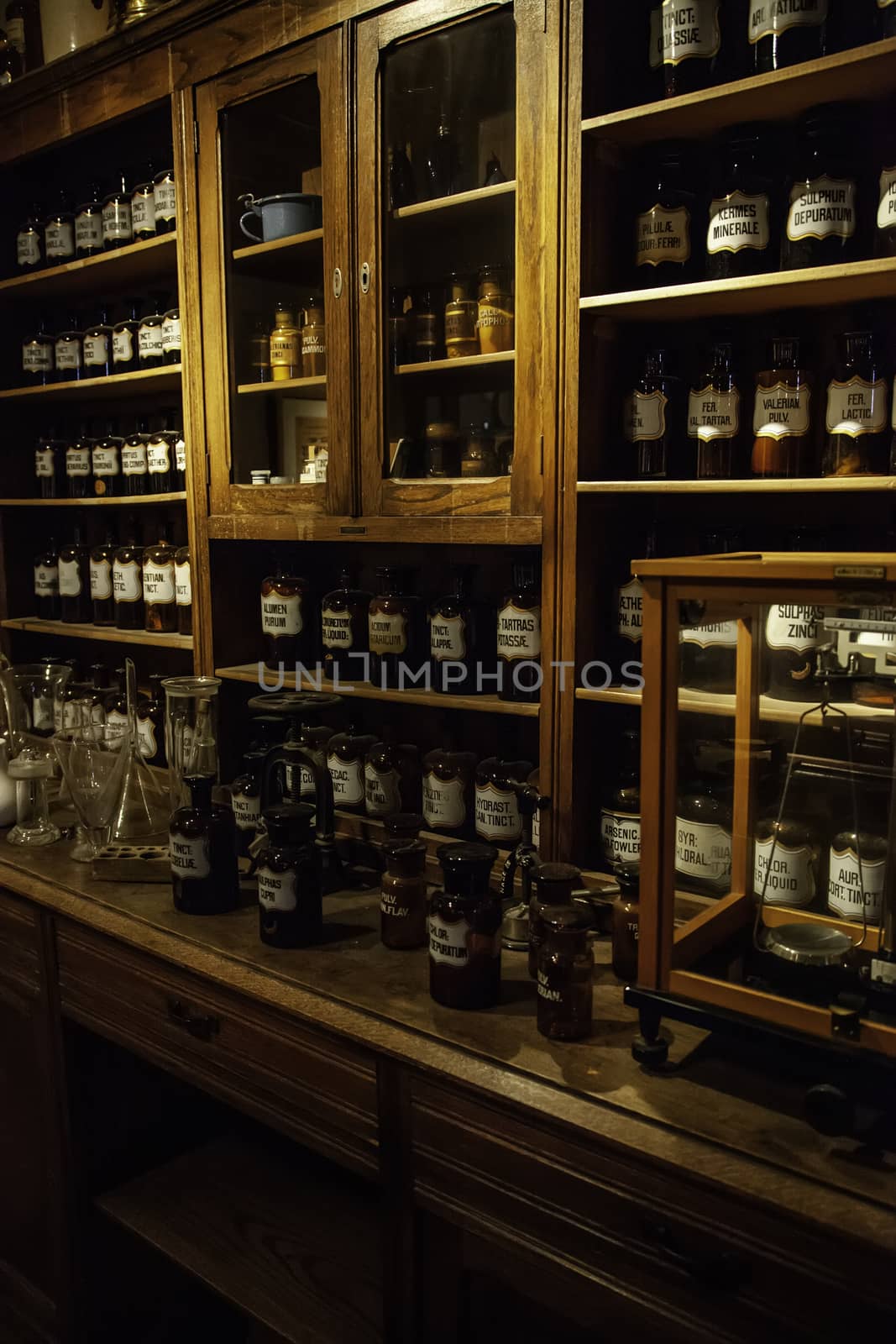 Old pharmacy with medicines, detail of old medicines