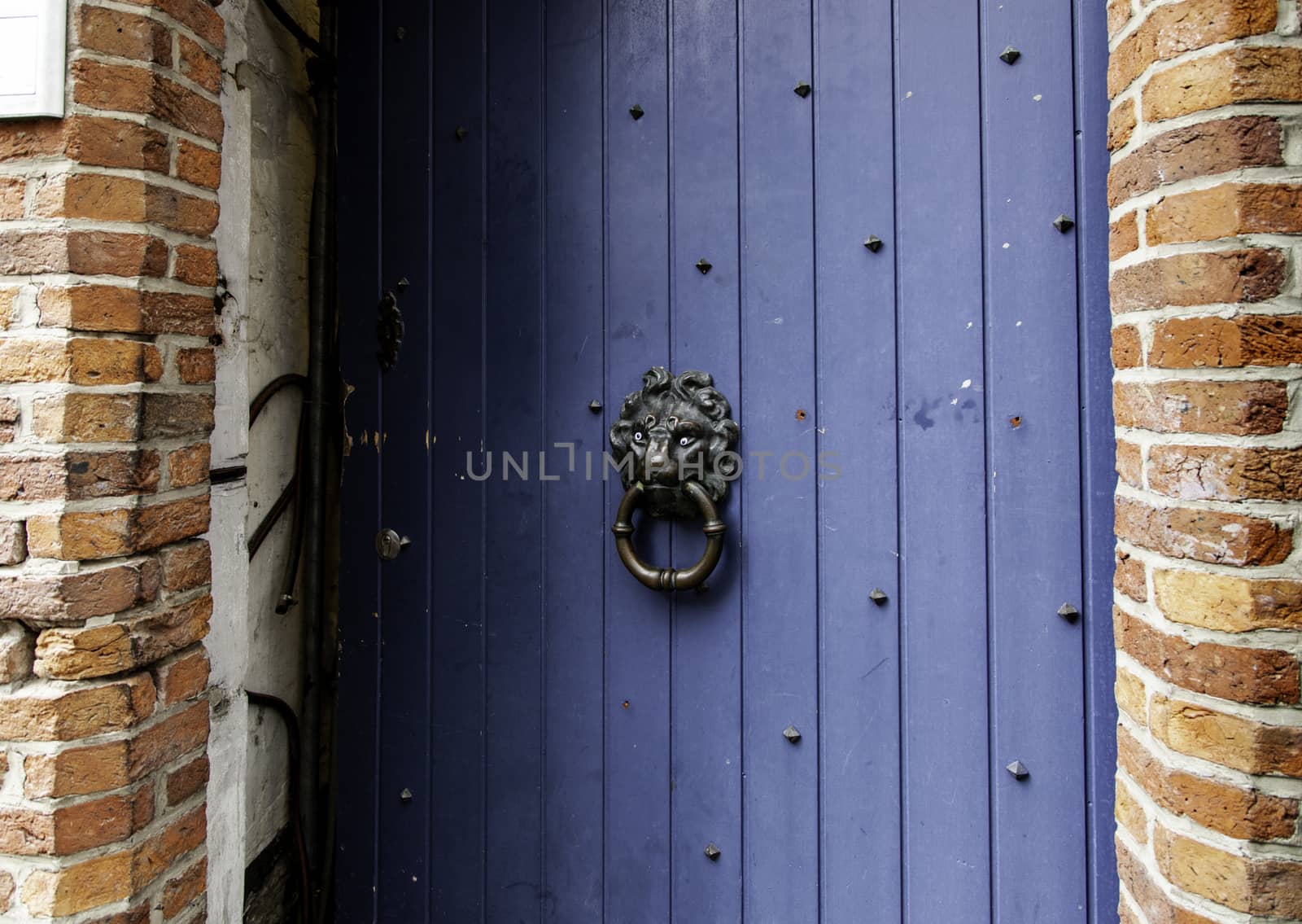 Old wooden door with metal, medieval door detail, decoration and security