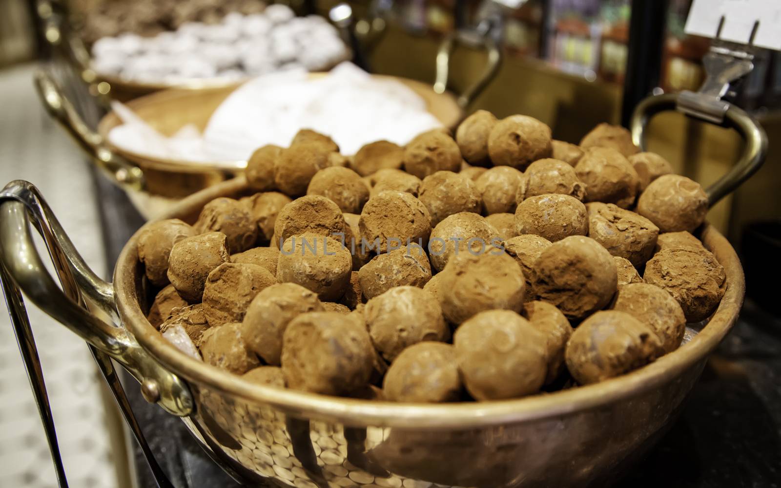 Typical Belgian artisan chocolate, typical product detail, Belgian food in Europe