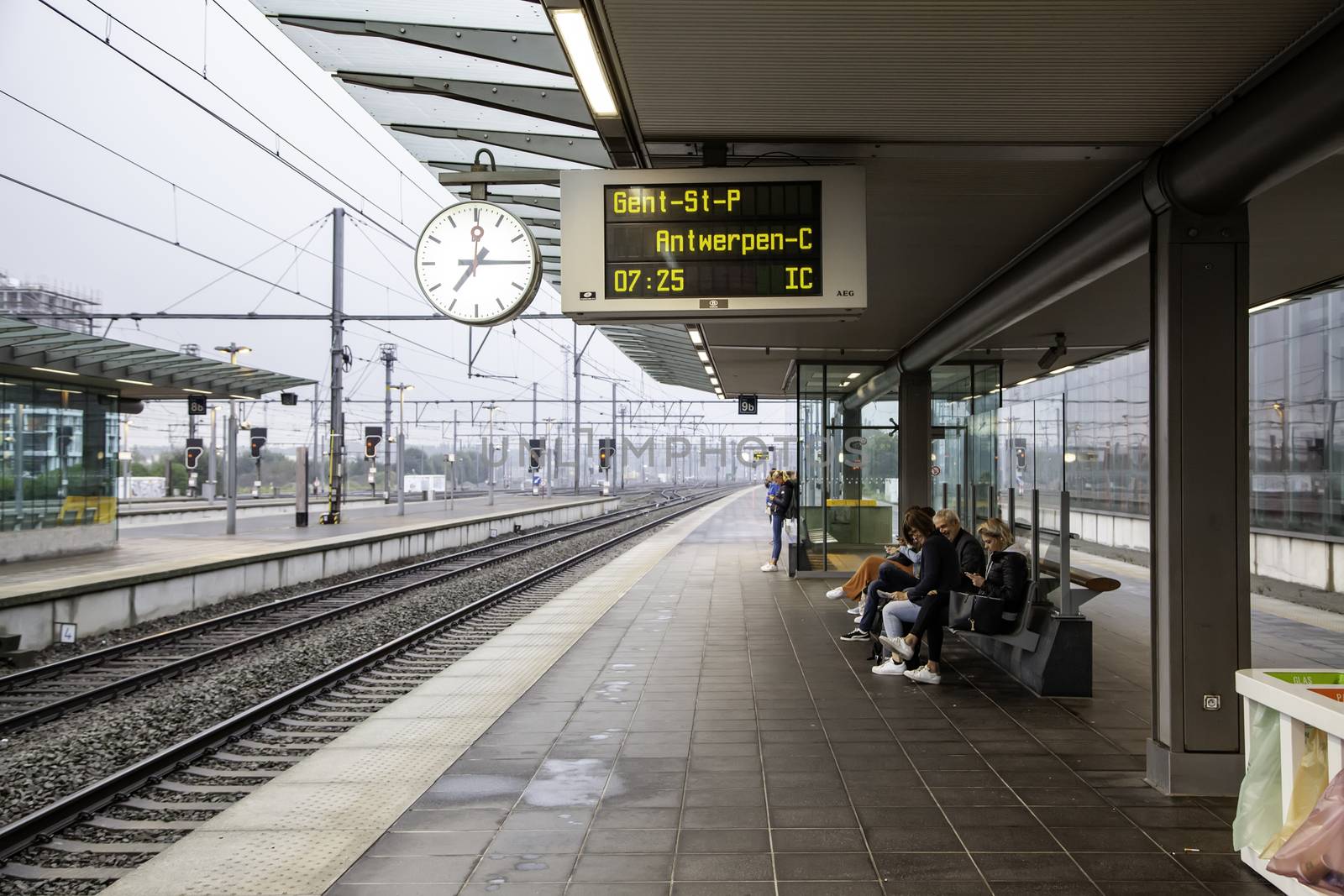 Bruges, Belgium, September 2018: - View of a sign saying Brugge at the Brugge Railway Station, a train station in the historic town of Bruges, a UNESCO World Heritage site in West Flanders, Belgium