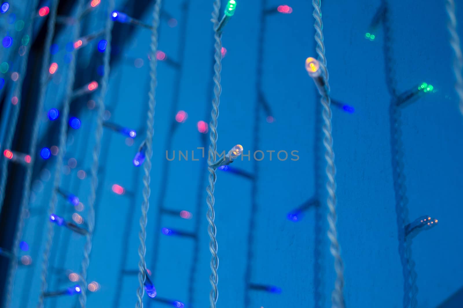 Festive decoration of office buildings, lights electric garland with lights.