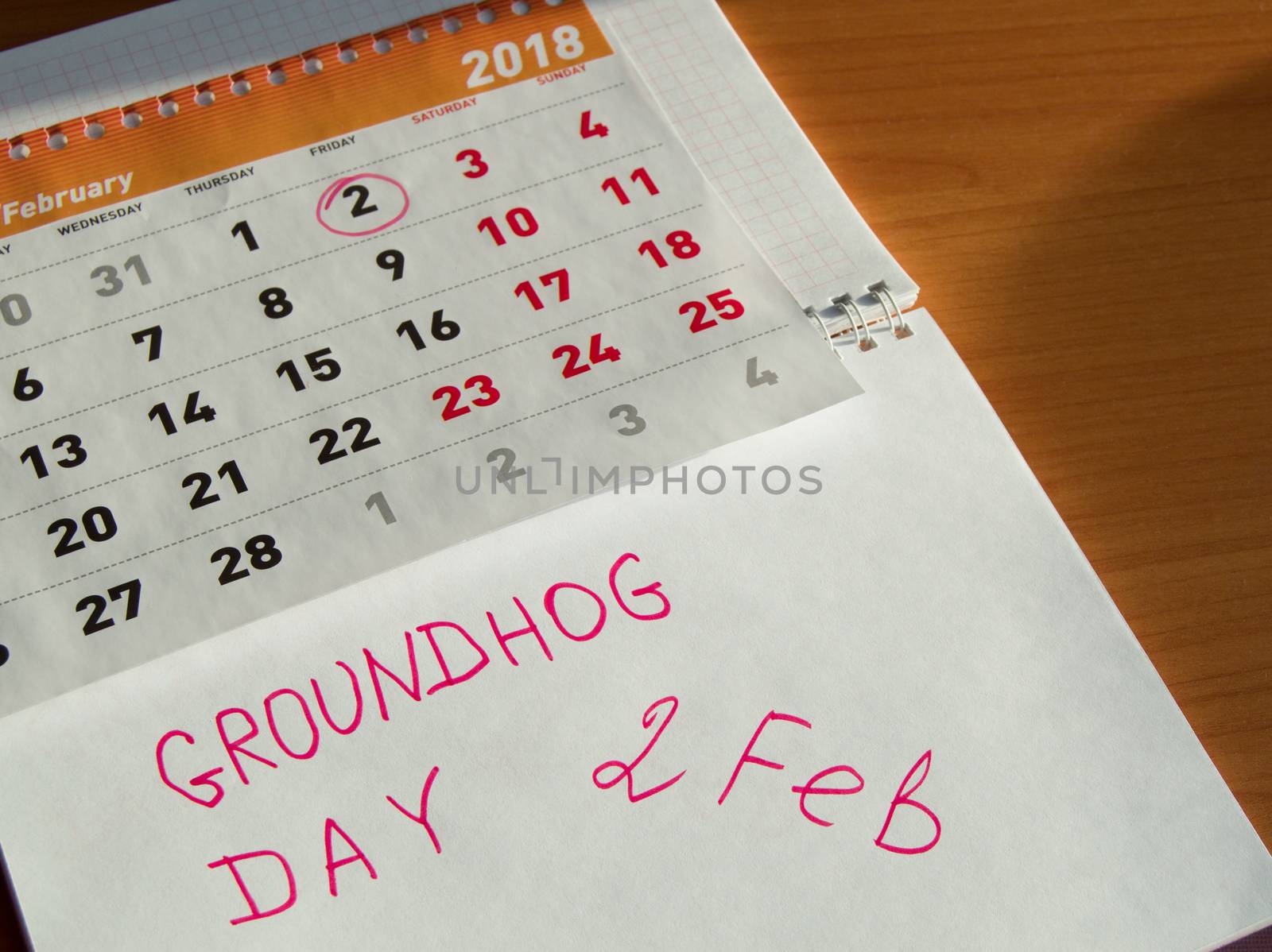Groundhog day February calendar, Notepad with date 2 Feb.