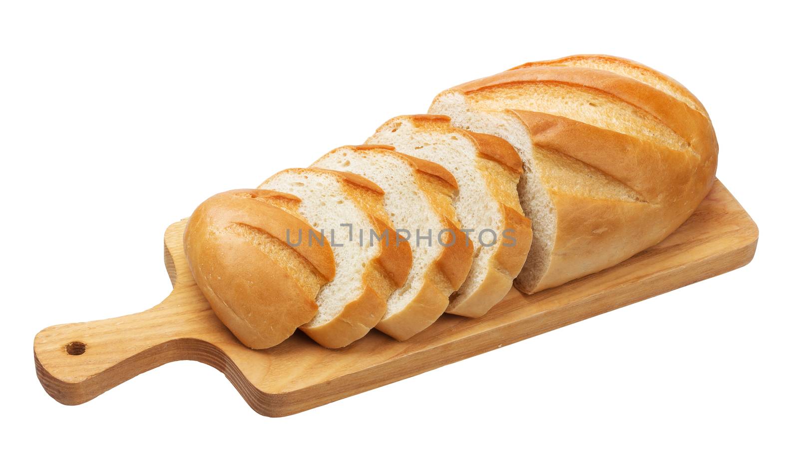 Sliced bread on wooden cutting board isolated on white background with clipping path