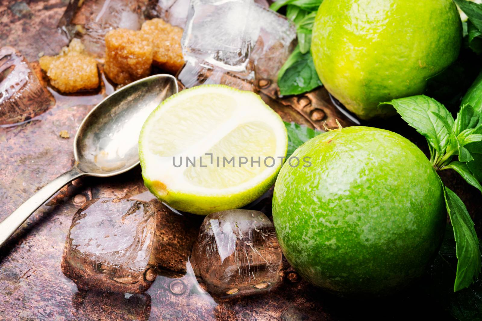 Mojito ingredients. Lime, mint and cane sugar