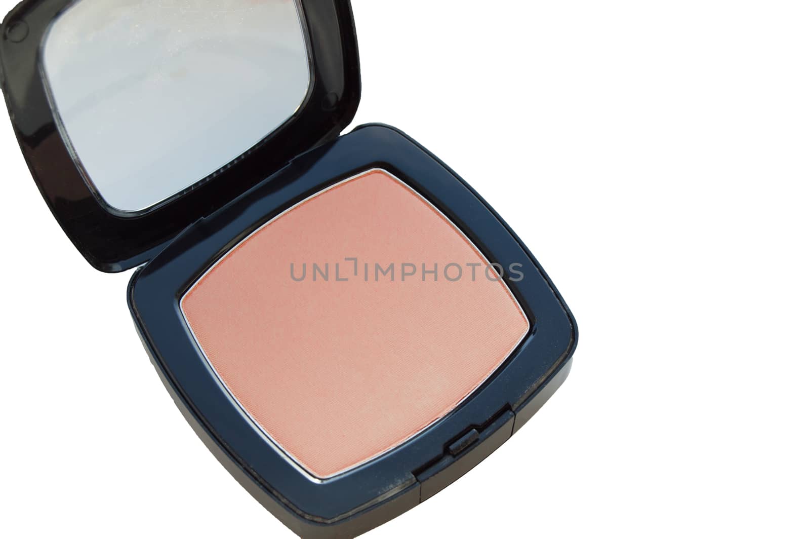 Compact powder makeup, on white background top view.