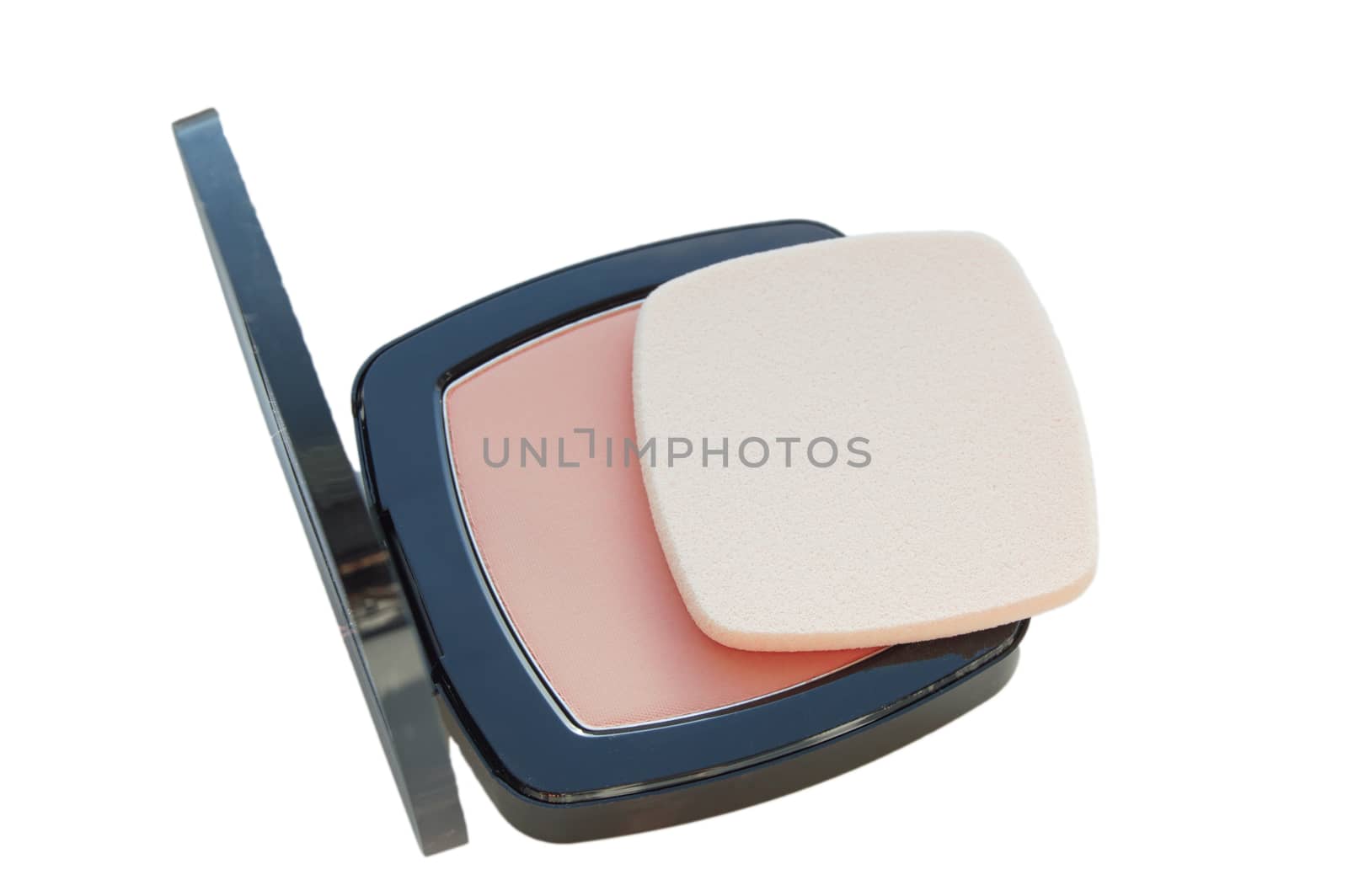 Compact powder with puff for makeup isolated on white background, top view.