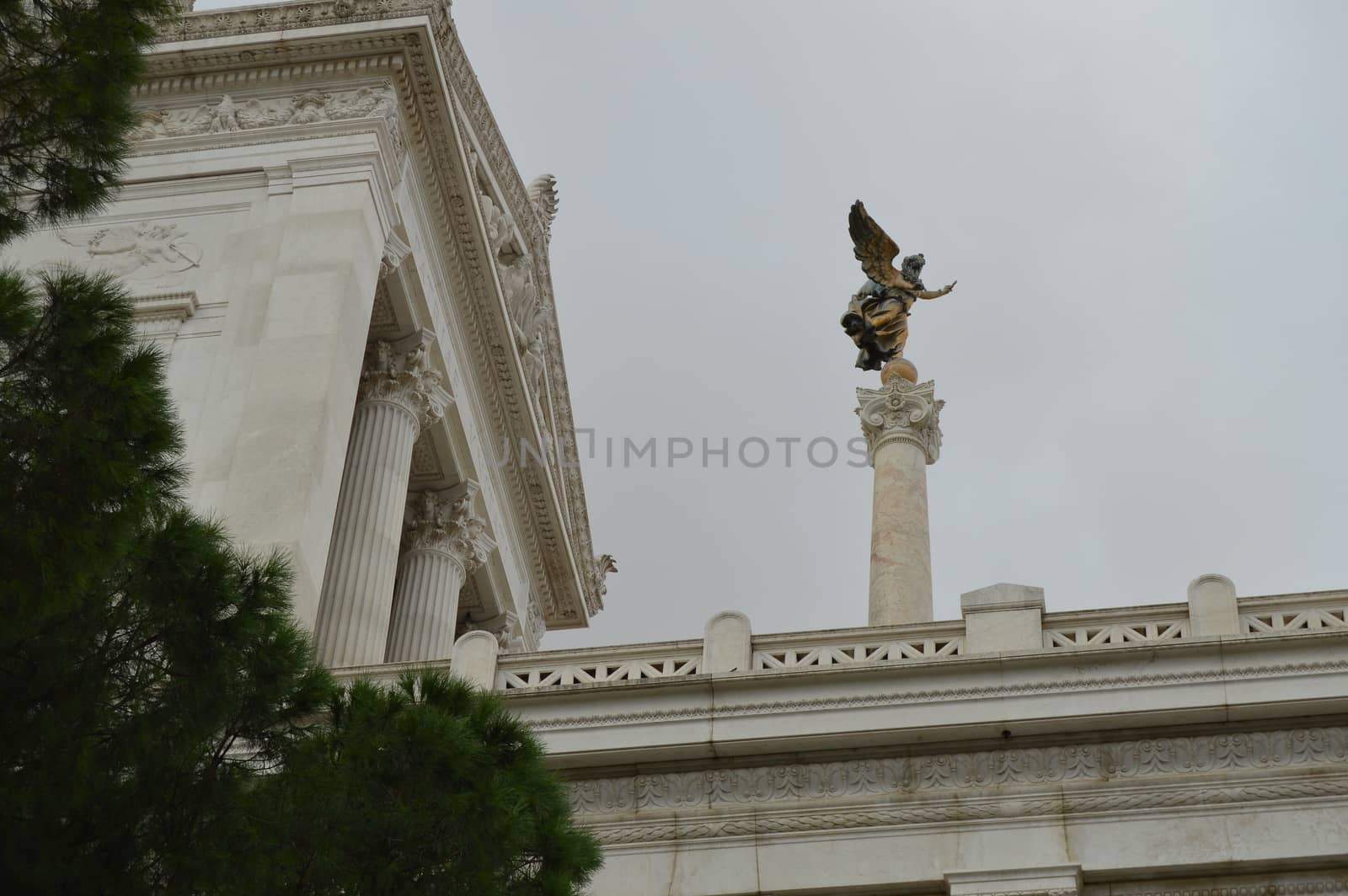 Rome, Lazio region, Italy, Detail of the national monument of Vittorio Emanuele II, named Vittoriano or Altare della Patria. View from sea pines, October 7, 2018 by claire_lucia