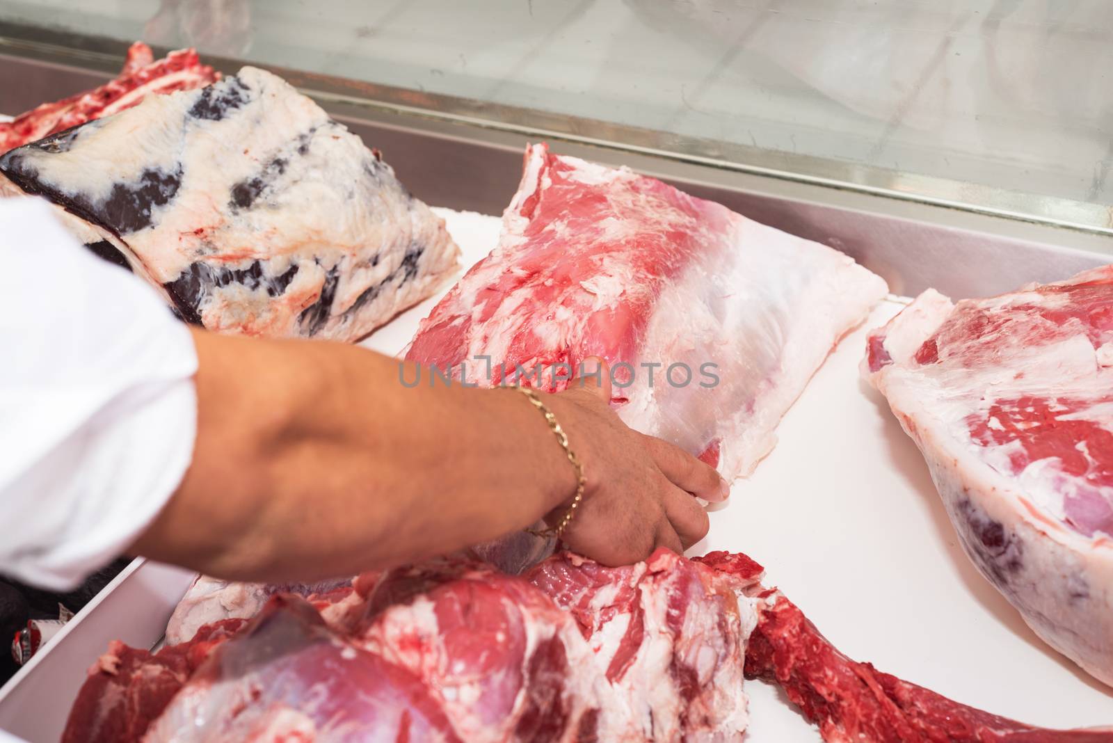 Butcher offering fresh meat at display in butchery by HERRAEZ