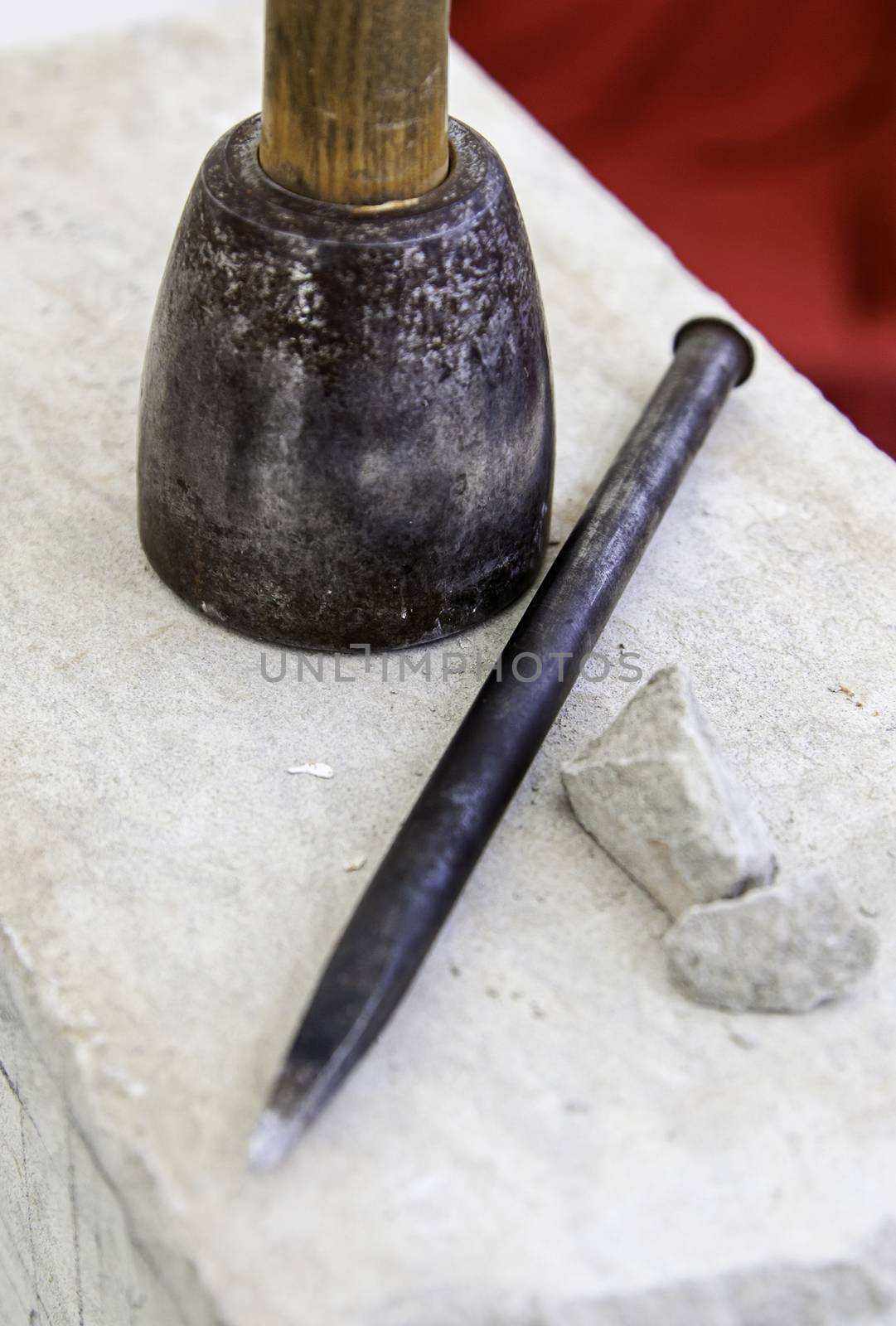 Old tools for stone carving handcrafted, detail of a manual craft