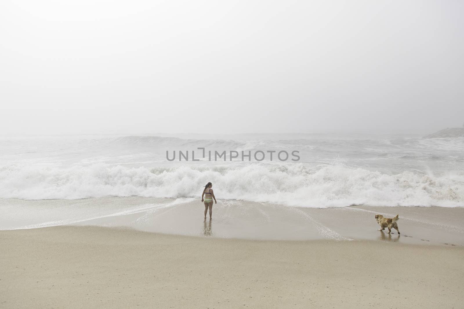 Woman and dog on the beach, detail of fun at sea, tourism