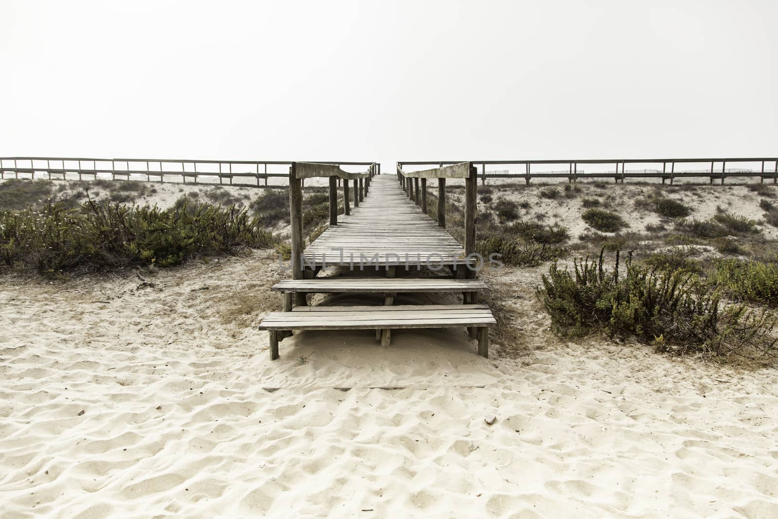 Wooden walkway to the beach, walk detail for people, summer and heat