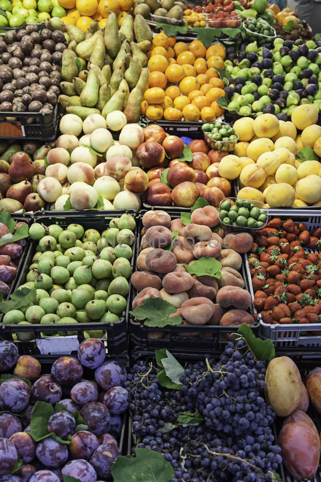 Fresh fruits in a market, detail of a food stall