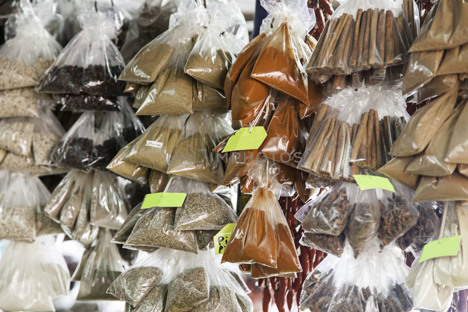 Spices in a market, detail of ground spices