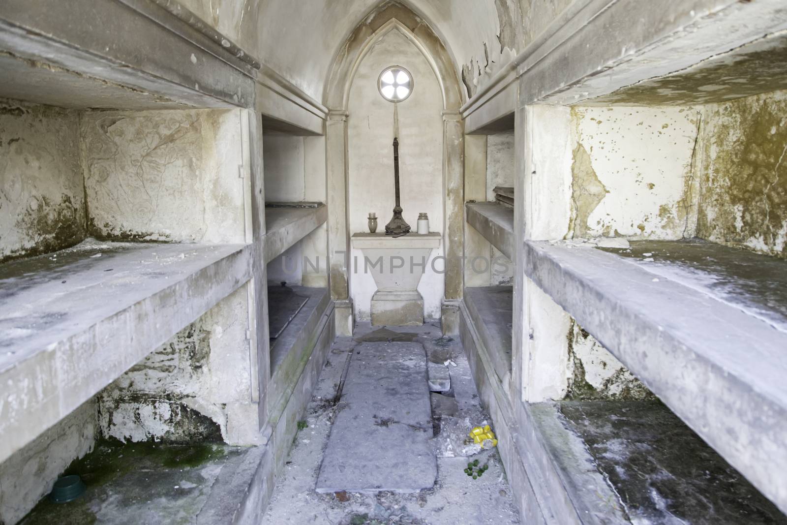 Coffins in a cemetery, detail of a typical Lisbon cemetery, death and religion