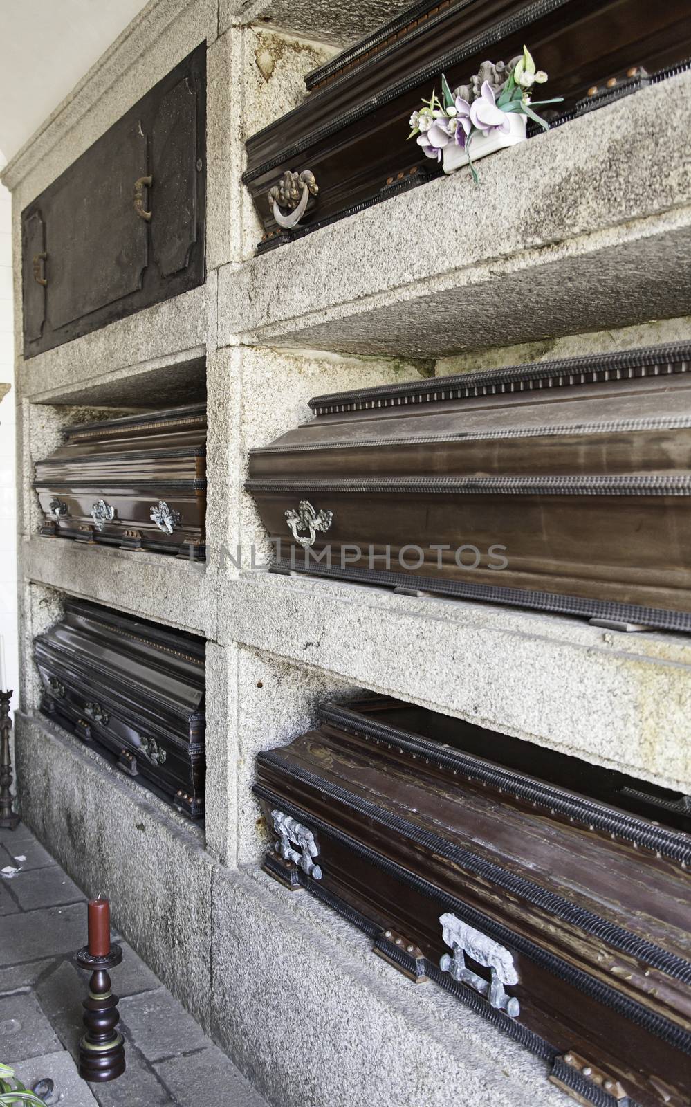 Coffins in a cemetery, detail of a typical Lisbon cemetery, death and religion