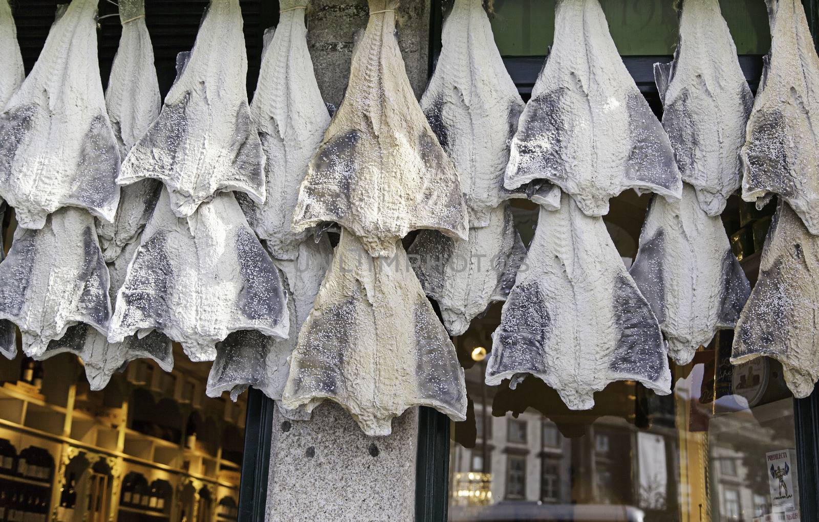 Dried cod in Fish shop, food and industry