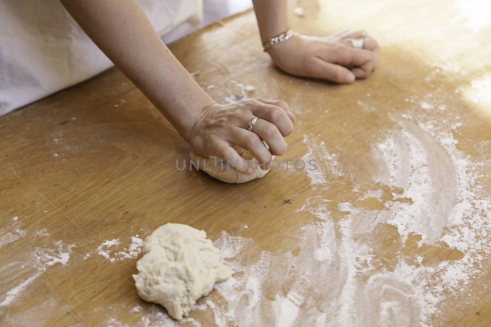 Baker kneading bread, food manufacturing detail