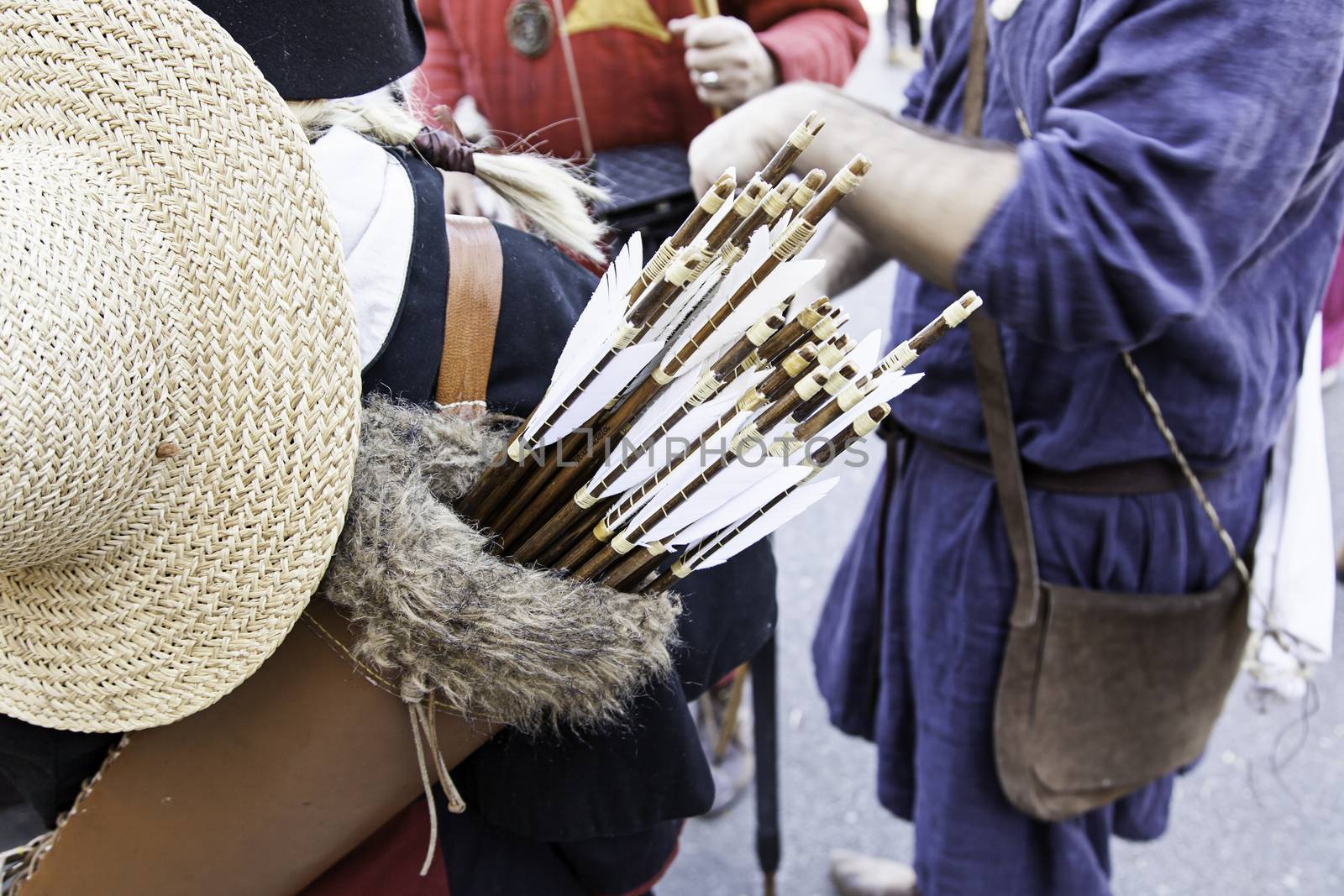 Medieval arrows, detail of weapon, bow